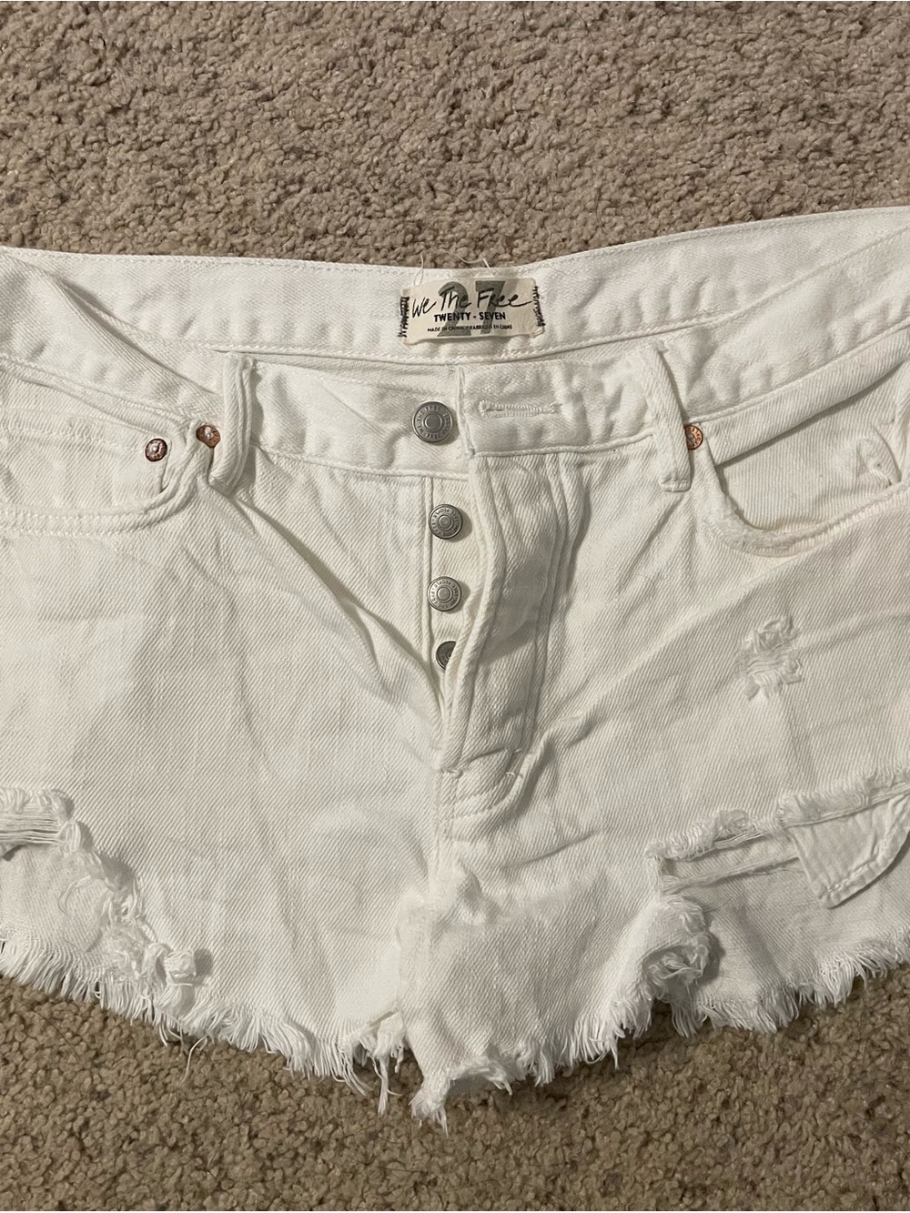 Free People White Distressed High-Rise Denim Shorts